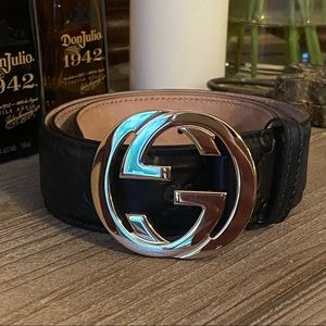 GUCCI Black Leather Guccisima Gold GG Buckle Belt
